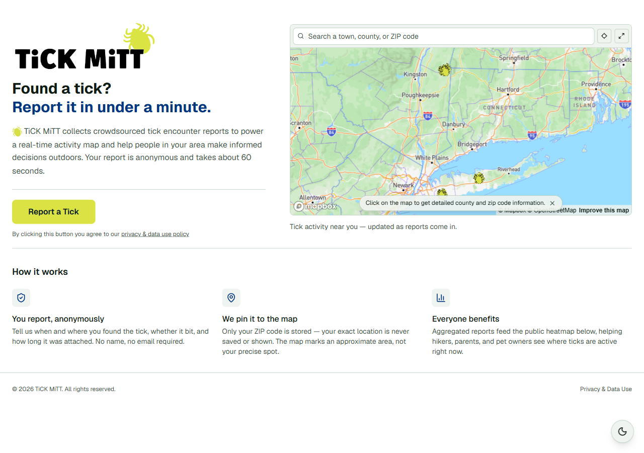 The TiCK Heatmap landing page with the report form and live map